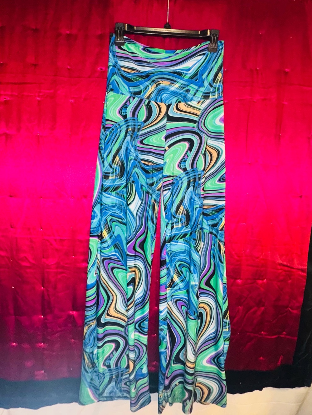 👑 Retro 70’s Vibe White Mark Multicolor Swirl Wide-Leg Palazzo Rave Pants